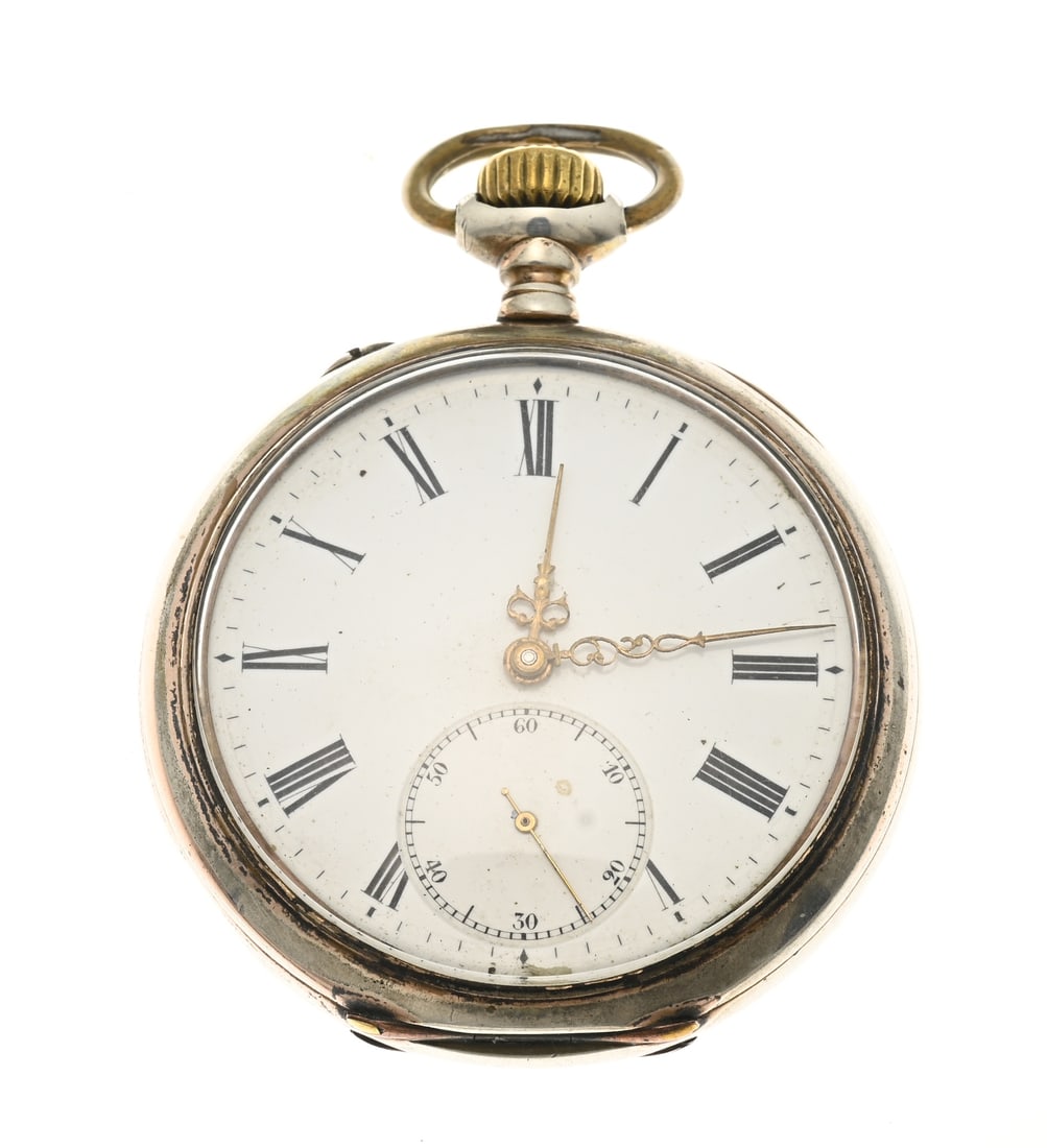 Pocket watch, movement marked IWC: Silver pocket watch with a white dial and a decentralized seconds hand. The movement is marked IWC. Marked: FUR, 25 jährige treue Dienste von EO.Vopelius, Christ. Eder Glasstrecker. ø 51. Working.