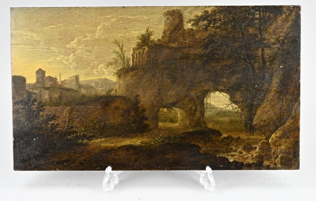 Allaert van Everdingen, Italianate Landscape: Allaert van Everdingen. Signed and dated. 1621–1675. Italianate landscape with ruins at evening. Oil on panel. Dimensions: H 31.3 x W 54.5 cm. In good condition.