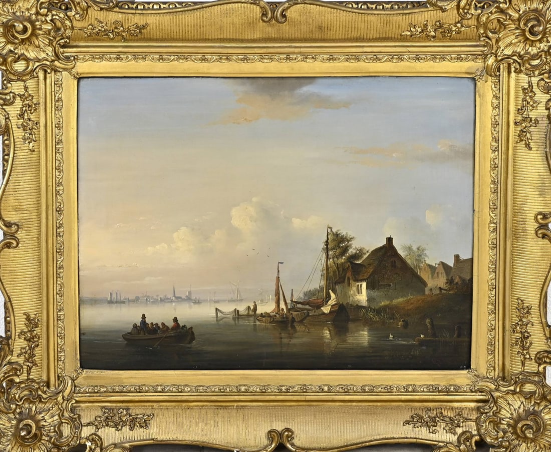 Egide Linnig, Dutch harbor with fishermen: Egide Linnig. 1821–1860. Dutch harbor with fishermen and calm water at evening. Oil on panel. Dimensions: H 44 x W 56 cm. In good condition.