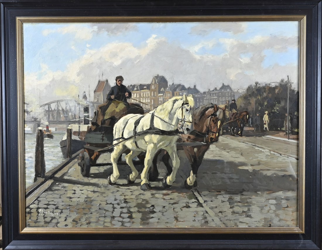 GJ van Overbeek, Rotterdam coachman on the quay: GJ van Overbeek. 1882 - 1947. Rotterdam coachman on quay. Oil on canvas. Dimensions: H 60 x W 80 cm. In good condition.