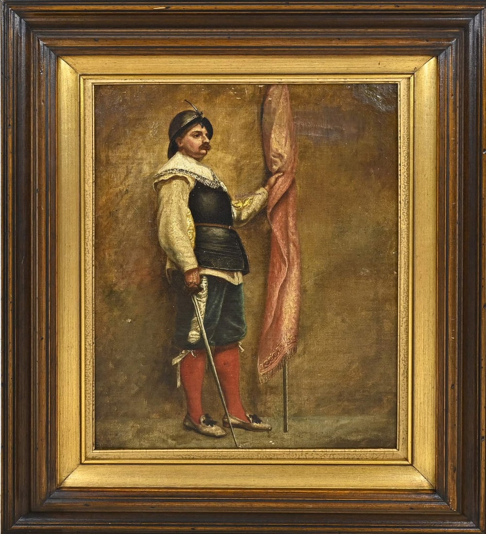 Unsigned, Guard with banner: Unsigned. 19th century. Guard with banner and saber. Dimensions: H 48 x W 39 cm. Restorations. In reasonable condition.