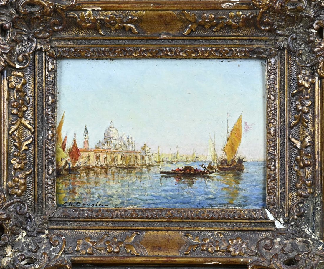 Charles Cousin, View of Venice: Charles Cousin. 1904 – 1972. View of Venice with gondola and sailboats. Oil on panel. Dimensions: H 16 x W 22 cm. In good condition.