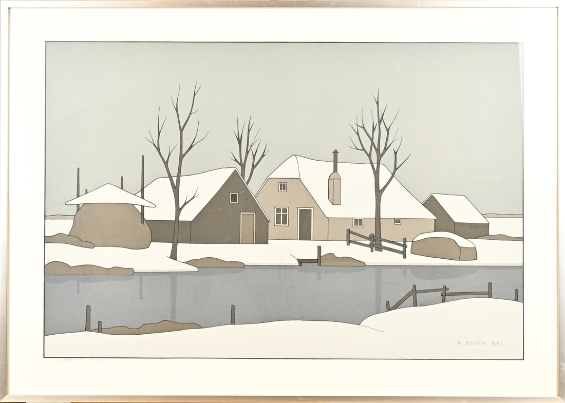 Klaas Bernink, Farm in the Snow: Lithograph by Klaas Bernink, 1983. 1913 – 1996 Glanerbrug. Farm in the snow. No. 55/150. Lithograph on paper. Dimensions: H 50 x W 70 cm. In good condition.