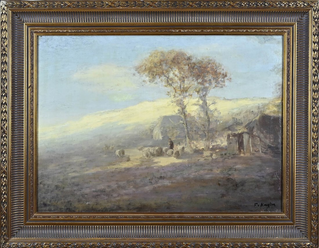 Fedor van Kregten, Landscape with shepherd, sheepfold and sheep: Fedor van Kregten. 1871 - 1937 Enschede. Landscape with shepherd, sheep and sheepfold in the dunes. Dimensions: H 50 x W 70 cm. In good condition.