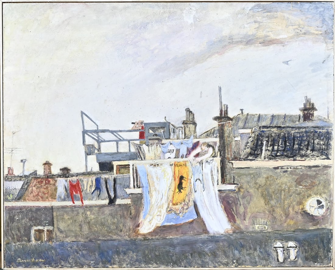Elise Dom, Face on clothesline: Elise Dom. 1913 - 2021. Belgian School. View of a clothesline. Gouache on panel. Dimensions: H 60 x W 72 cm. In good condition.