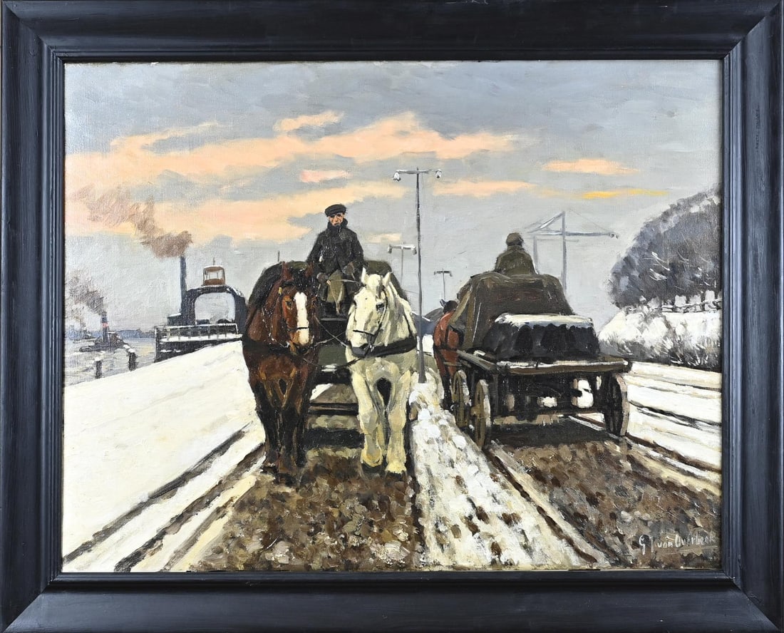 GJ van Overbeek, Rotterdam coachman in snow: GJ van Overbeek. 1882 - 1947. Rotterdam coachman in snow. Oil on canvas. Dimensions: H 60 x W 80 cm. In good condition.