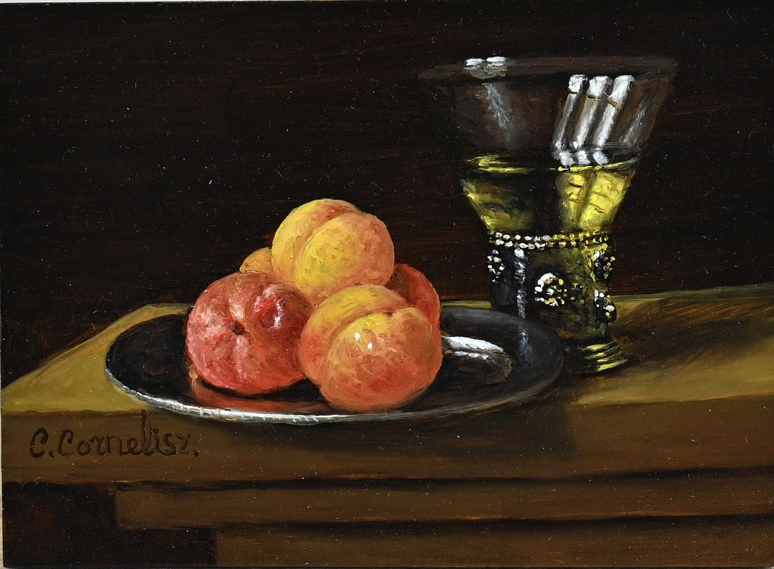 C. Cornelisz, Apricots: C. Cornelisz. 21st Century. Still life, apricots with Roemer. Oil on panel. Dimensions: H 13 x W 18 cm. In good condition.