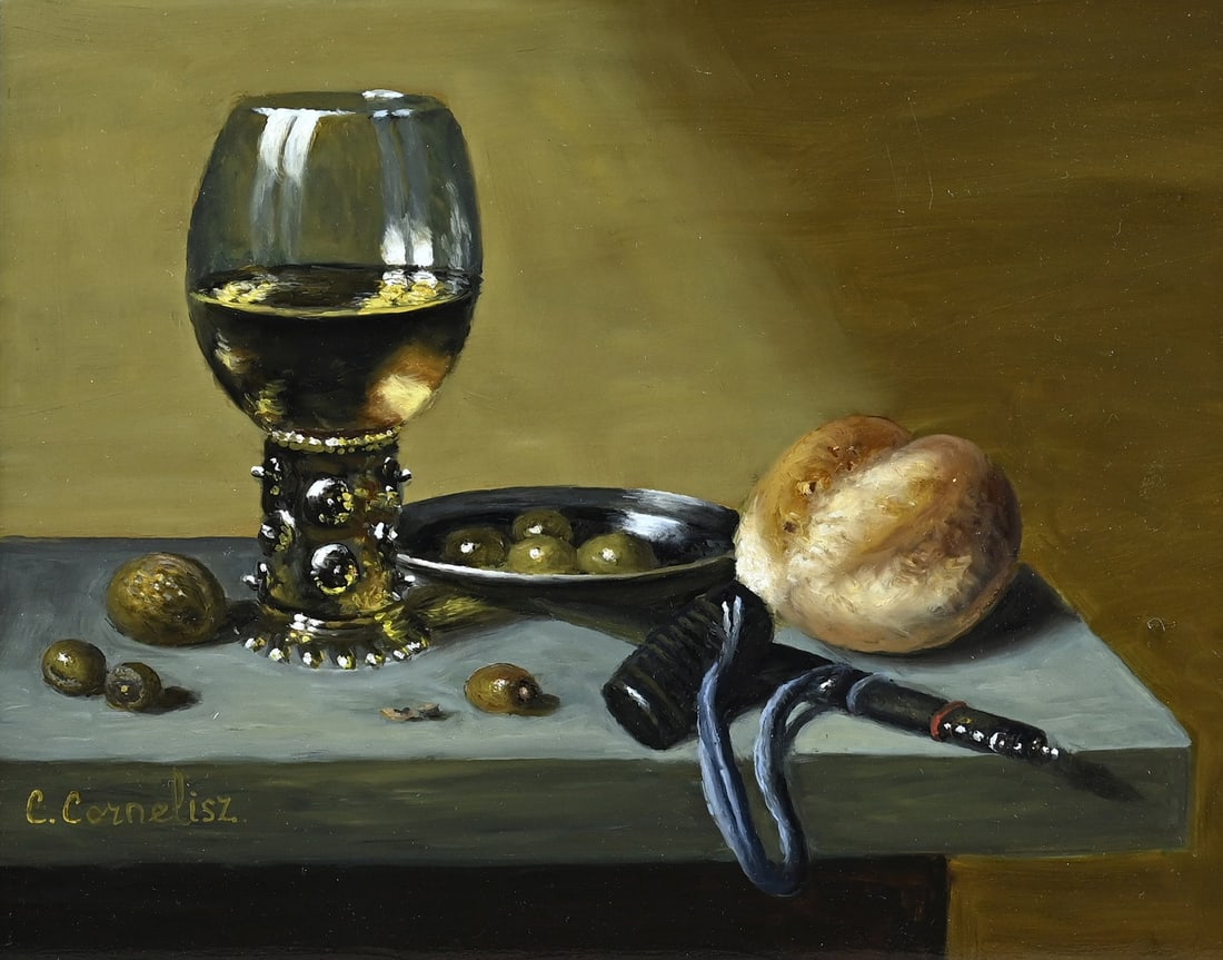 C. Cornelisz, Roemer, pewter, bread: C. Cornelisz. 21st Century. Still life with Roemer, pewter, and bread. Oil on panel. Dimensions: H 20 x W 25 cm. In good condition.