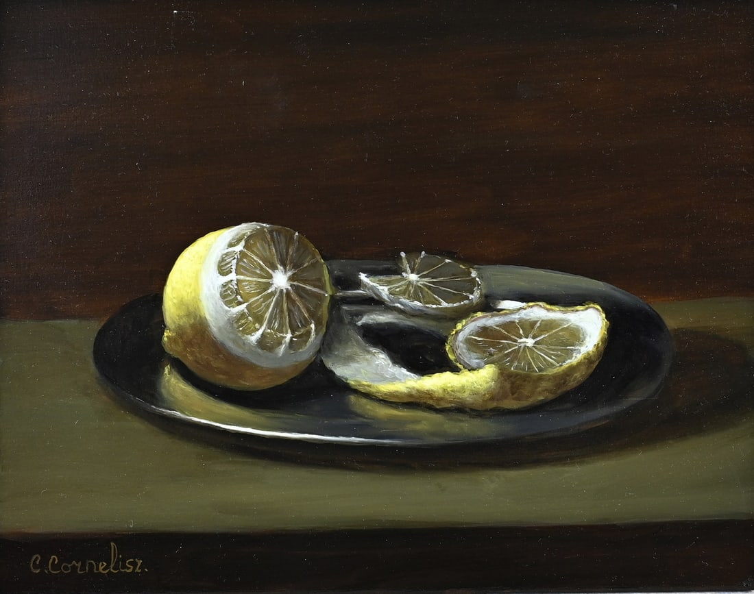 C. Cornelisz, Lemon on a pewter dish: C. Cornelisz. 21st Century. Still life with lemon on a pewter dish. Oil on panel. Dimensions: H 24 x W 30 cm. In good condition.