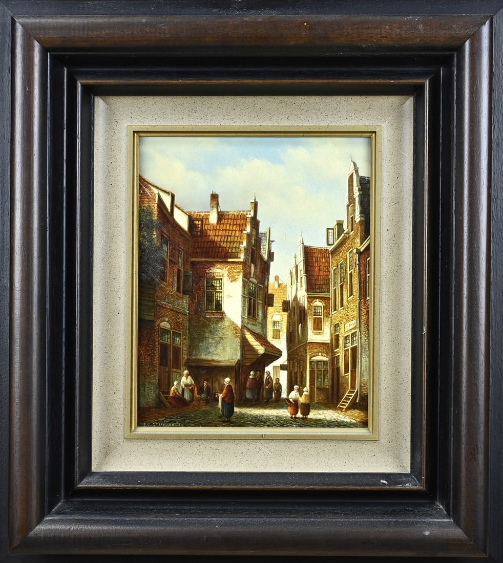 PC Steenhouwer, Dutch city view: PC Steenhouwer. Dutch city view with figures. Second half of the 20th century. Oil on panel. Dimensions: H 25 x W 20 cm. In good condition.