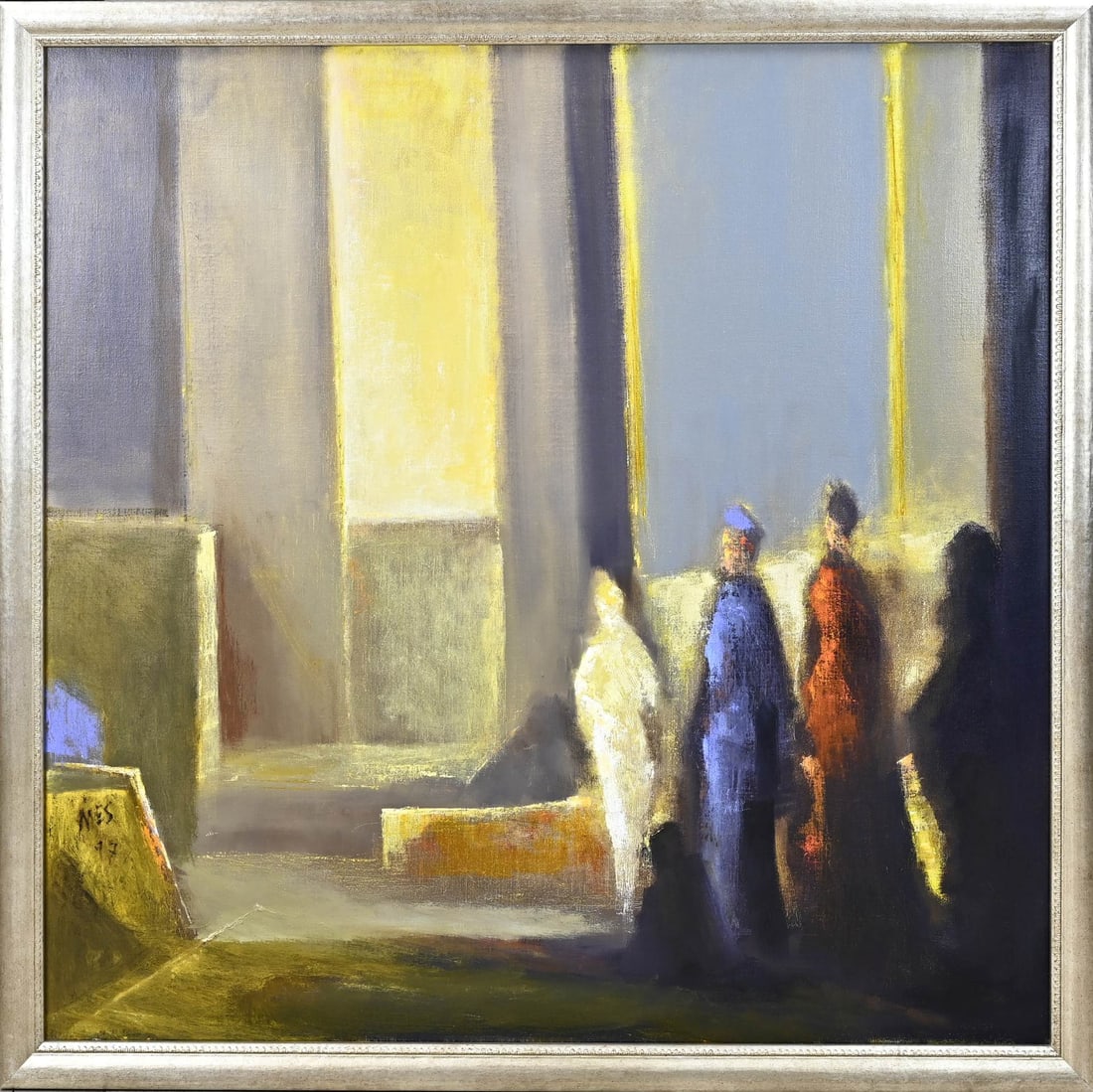 Han Mes, Figures in hall: Han Mes. 1936 - . Figures in a hall. Oil on canvas. Dimensions: H 100 x W 100 cm. In good condition.