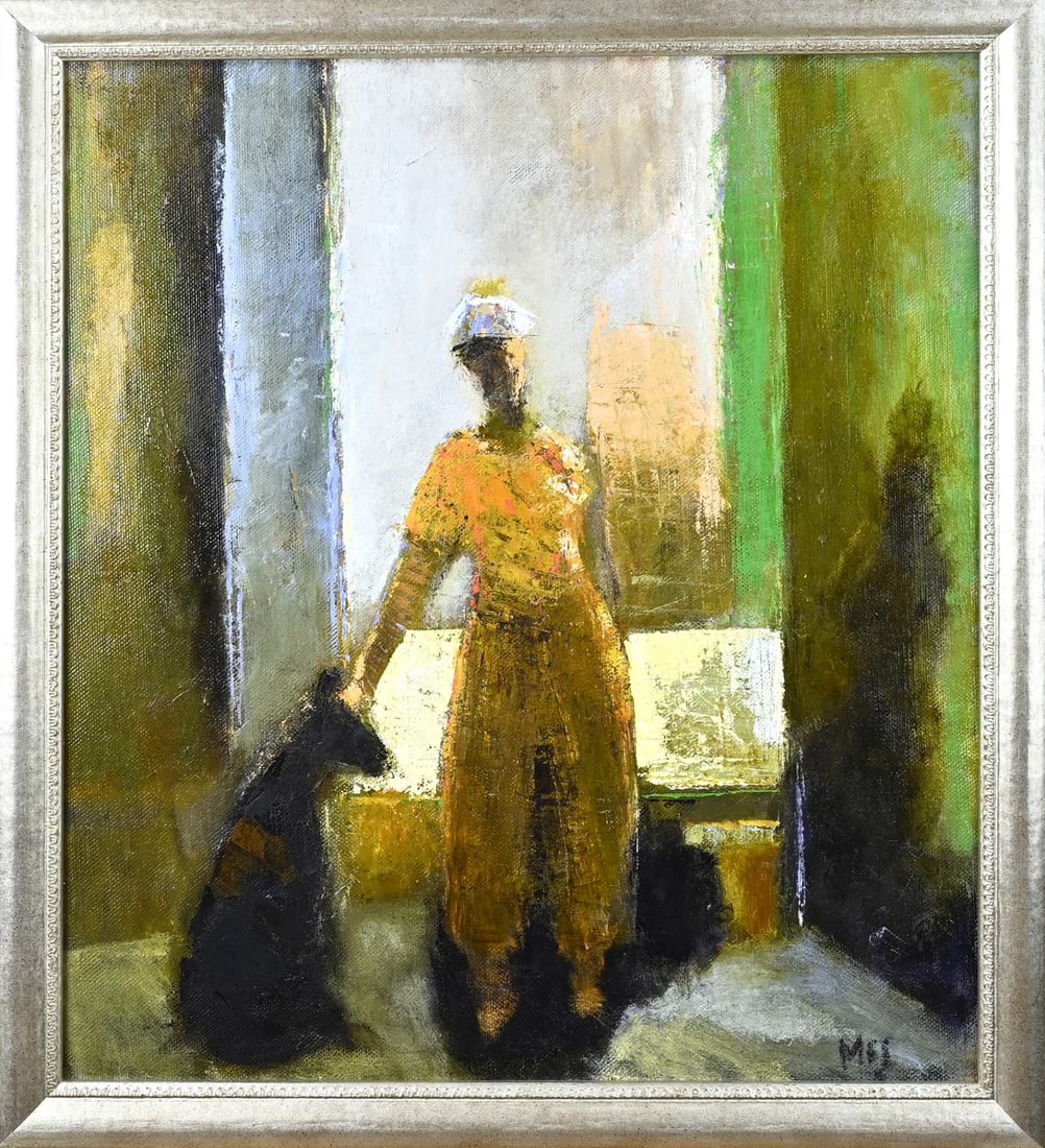 Han Mes, Figure with dog: Han Mes. 1936 - . Figure with dog. Oil on canvas. Dimensions: H 70 x W 60 cm. In good condition.