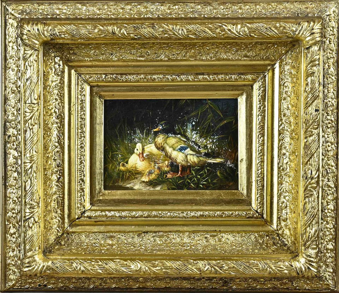 Unclear, Duck family in the grass: Unclear. Second half of the 20th century. Family of ducks in the grass. Oil on panel. Dimensions: H 13 x W 18 cm. In good condition.