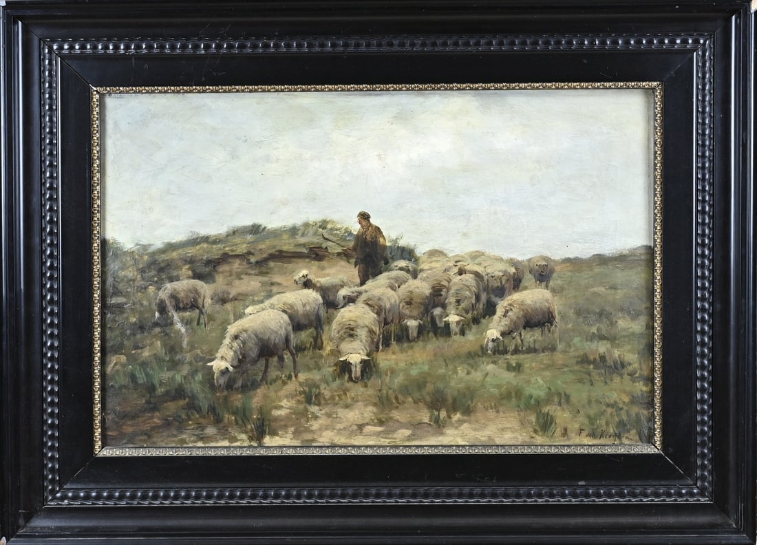 Fedor van Kregten, Shepherd with sheep: Fedor van Kregten. 1871 - 1937 Enschede. Shepherd with coming sheep. Oil on canvas. Dimensions: H 40 x W 60 cm. In good condition.