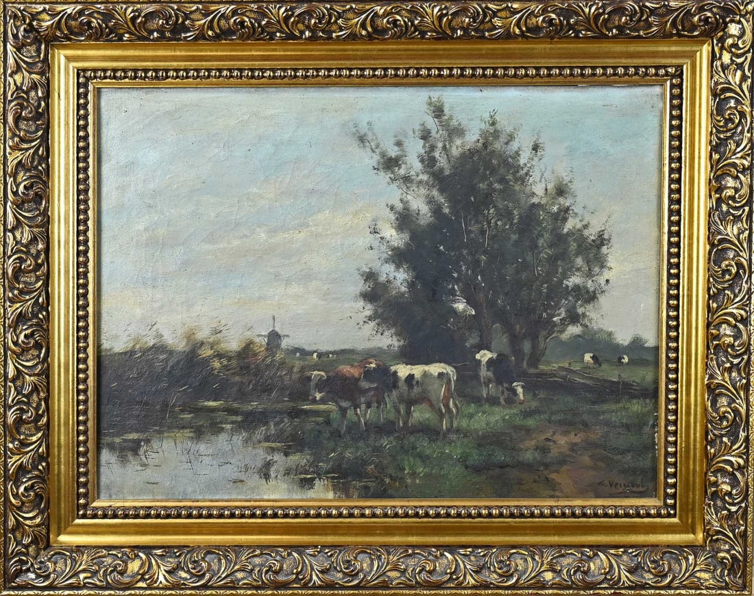 C. Verschuur, Landscape with cows: C. Verschuur (= Cor Bouter). 1888 - 1966. Dutch landscape with cows at a watering hole. Oil on canvas. Dimensions: H 45 x W 60 cm. In good condition.