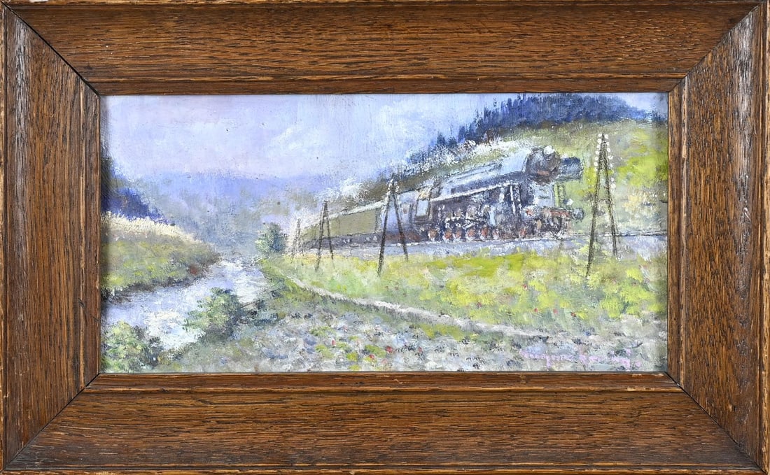 Udoli Sazavy, Steam train in a landscape: Udoli Sazavy. Steam train in a landscape. Oil on artist's cardboard. Dimensions: H 16 x W 30 cm. In good condition.