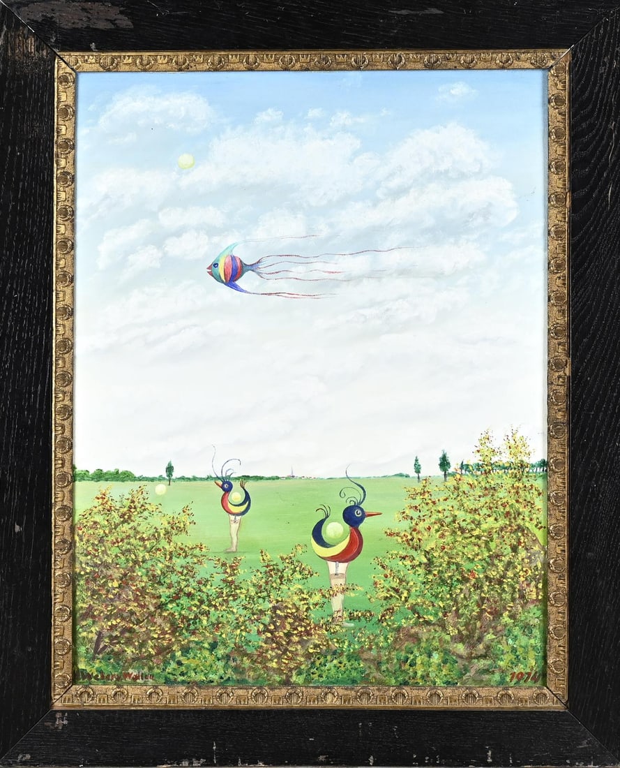 Helmut Weber von Wallau, Surrealist: Helmut Weber von Wallau. German School. Surreal landscape with fantasy animals. Oil on canvas. Dimensions: H 74 x W 54 cm. In good condition.