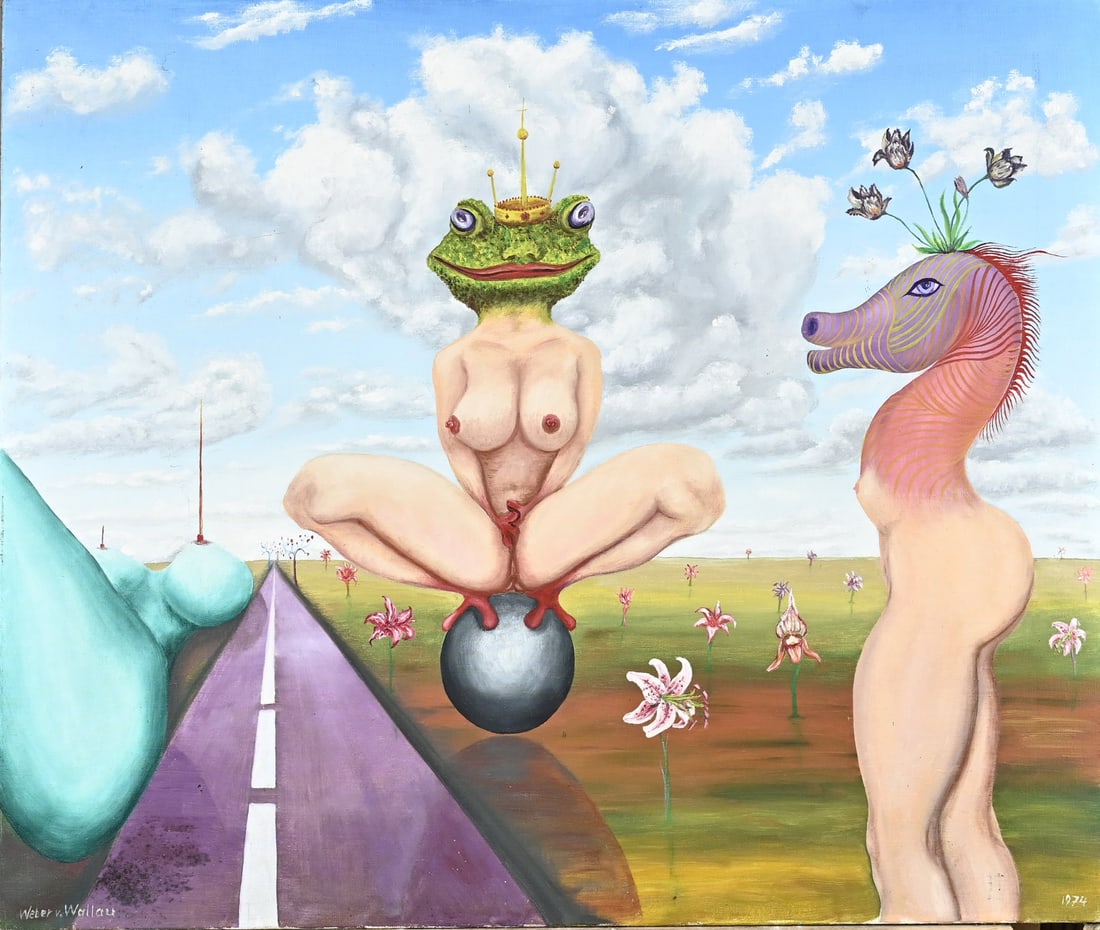 H. Frahm/verso HW van Wallau, Tyrolean hut + Surr. female nude: Front: Hans Frahm (1864 - 1938), Tyrolean hut in the snow, paint peeling. Verso: Helmut Weber von Wallau, surrealist female nude. Oil on canvas. Dimensions: H 80 x W 100 cm. In fair/good condition.