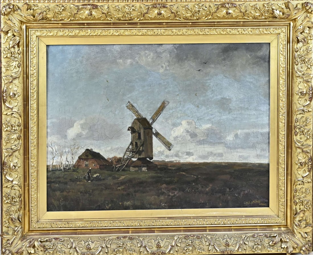 AH Koning, Landscape with post box: AH Koning. 1860 - 1945. Landscape with post box and peasant woman. Dimensions: H 52 x W 72 cm. In reasonable condition.