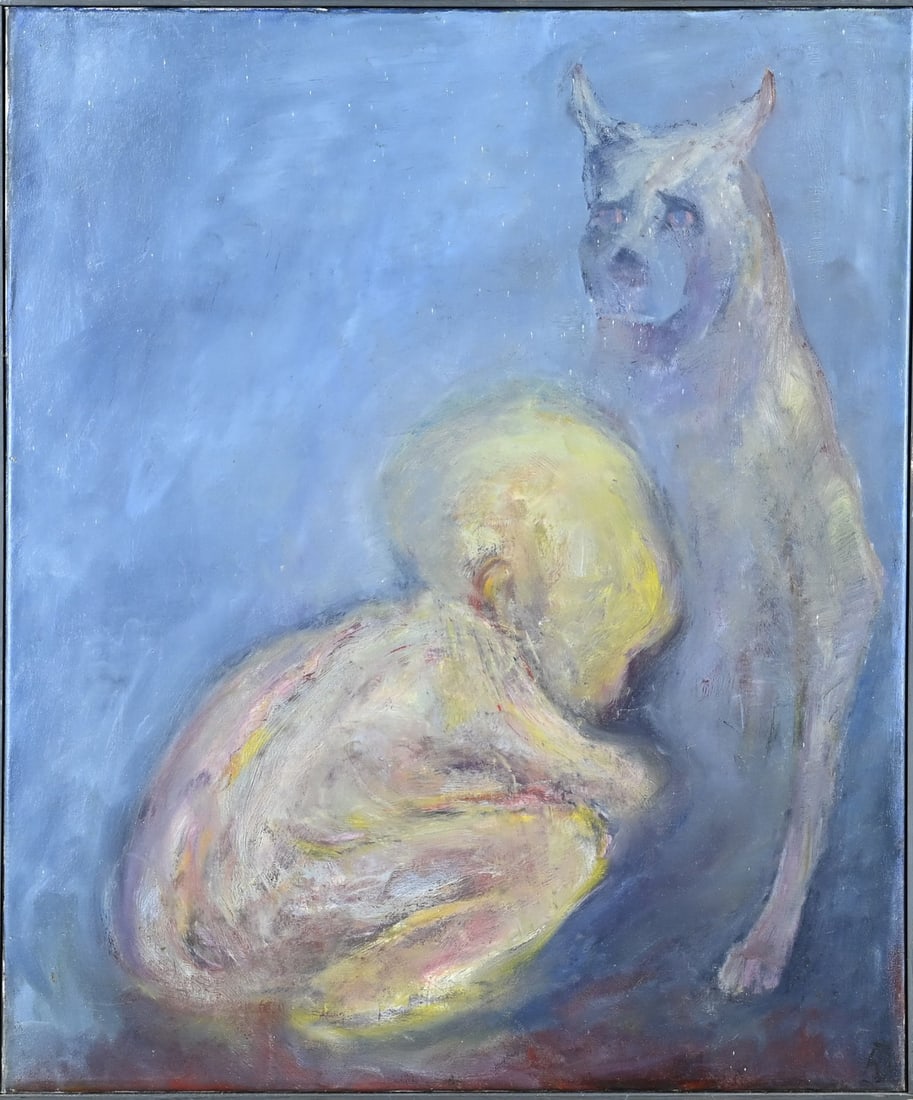 Ricardos Jazukevicius, Baby with dog: Ricardos Jazukevicius. 1990. Baby with dog. Oil on canvas. Dimensions: H 73 x W 60 cm. In good condition.