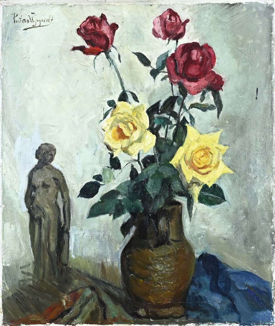Piet van Wijngaerdt, Vase with roses and statue: Piet van Wijngaerdt. 1873 - 1964. Vase with roses and figure. Oil on canvas. Marouflé. Dimensions: H 73 x W 62 cm. In good condition.