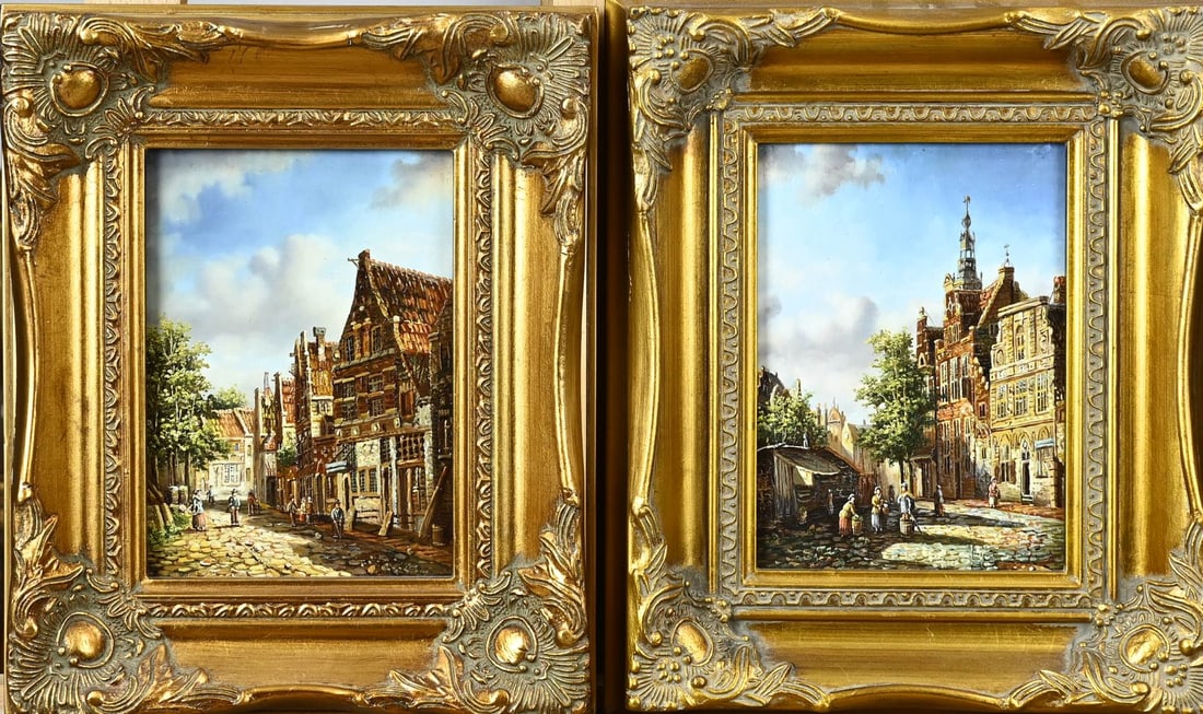 Pendant, Dutch city view: Pendant. Dutch city view. Second half of the 20th century. Oil on panel. Dimensions: H 18 x W 12 cm. In good condition.