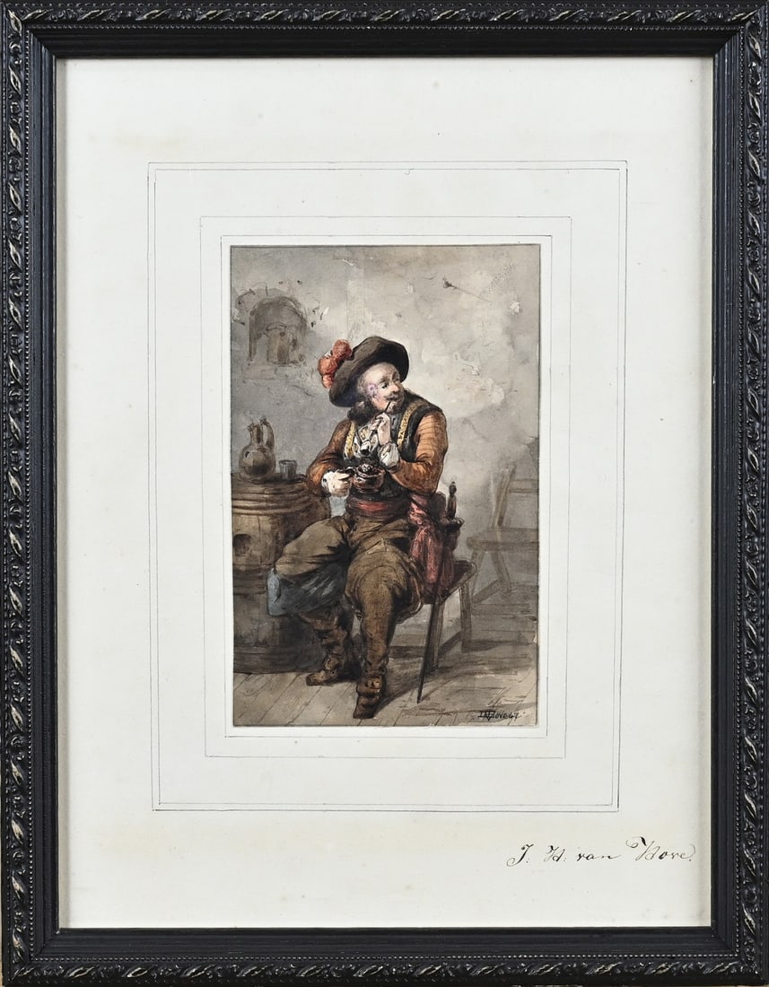 H. van Hove, 17th-century figure in a tavern: Huib van Hove, 1847. 1814 - 1864. 17th-century figure in a tavern. Watercolor on paper. Dimensions: H 13.5 x W 8.5 cm. In good condition.
