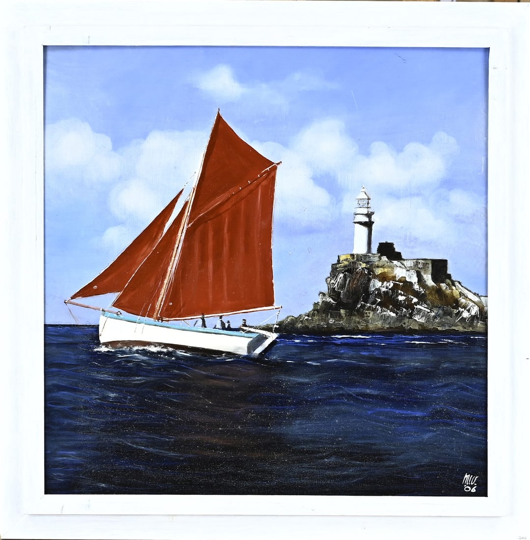 Monogram MW, Sailboat with lighthouse: Monogram MW, 2006. Sailboat with lighthouse. Oil on panel. Dimensions: H 50 x W 50 cm. In good condition.