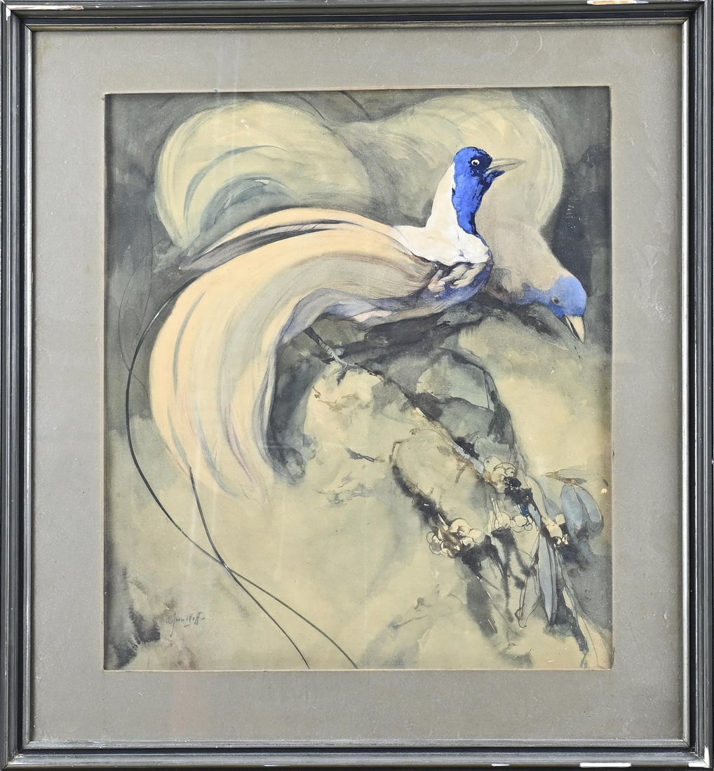 AJ van 't Hoff, Birds of Paradise: AJ van 't Hoff. 1893 - 1939. Birds of Paradise. Watercolor on paper. Dimensions: H 47 x W 40 cm. In good condition.