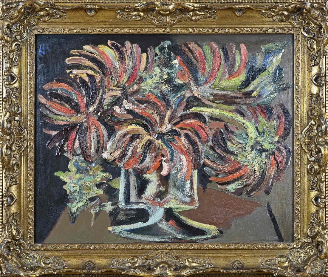 Dolf Henkes, Vase with flowers: Dolf Henkes (verso). 1903 - 1990. Vase with flowers. Oil on panel. Dimensions: H 45 x W 55 cm. In good condition.