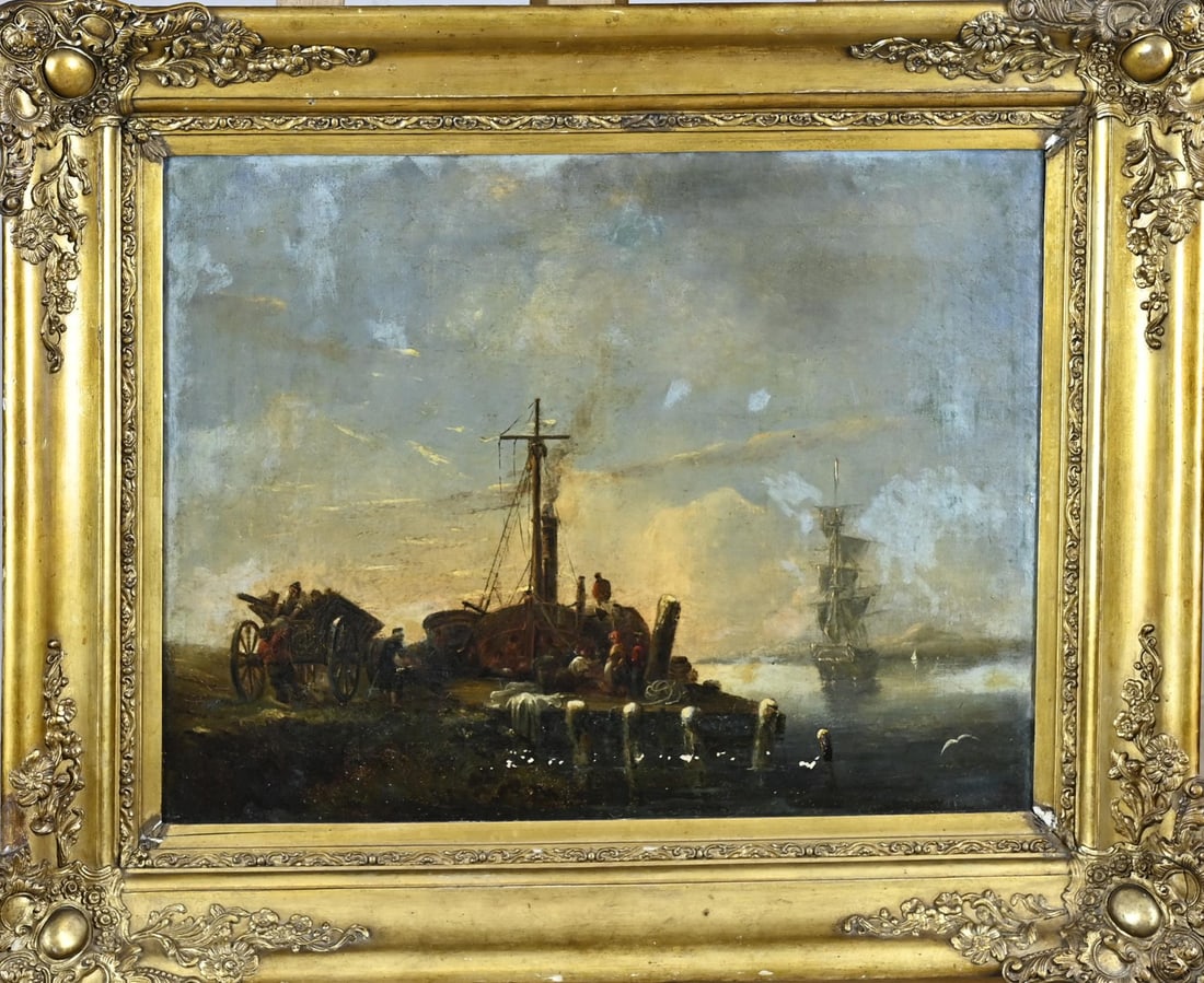 Painting, Harbor View: Indistinctly signed. First half of the 19th century. Harbor view with fishermen on the quay. Oil on canvas. Dimensions: H 42 x W 53 cm. In reasonable condition.