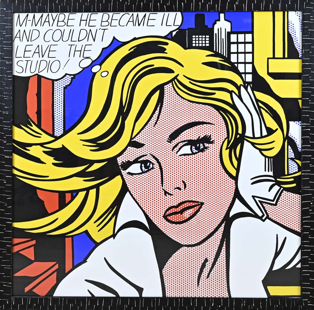 Roy Lichtenstein, M-Maybe: Roy Lichtenstein. Lithograph, reprint. M-Maybe, woman with speech bubble. Lithograph on paper. Dimensions: H 86 x W 86 cm. In good condition.