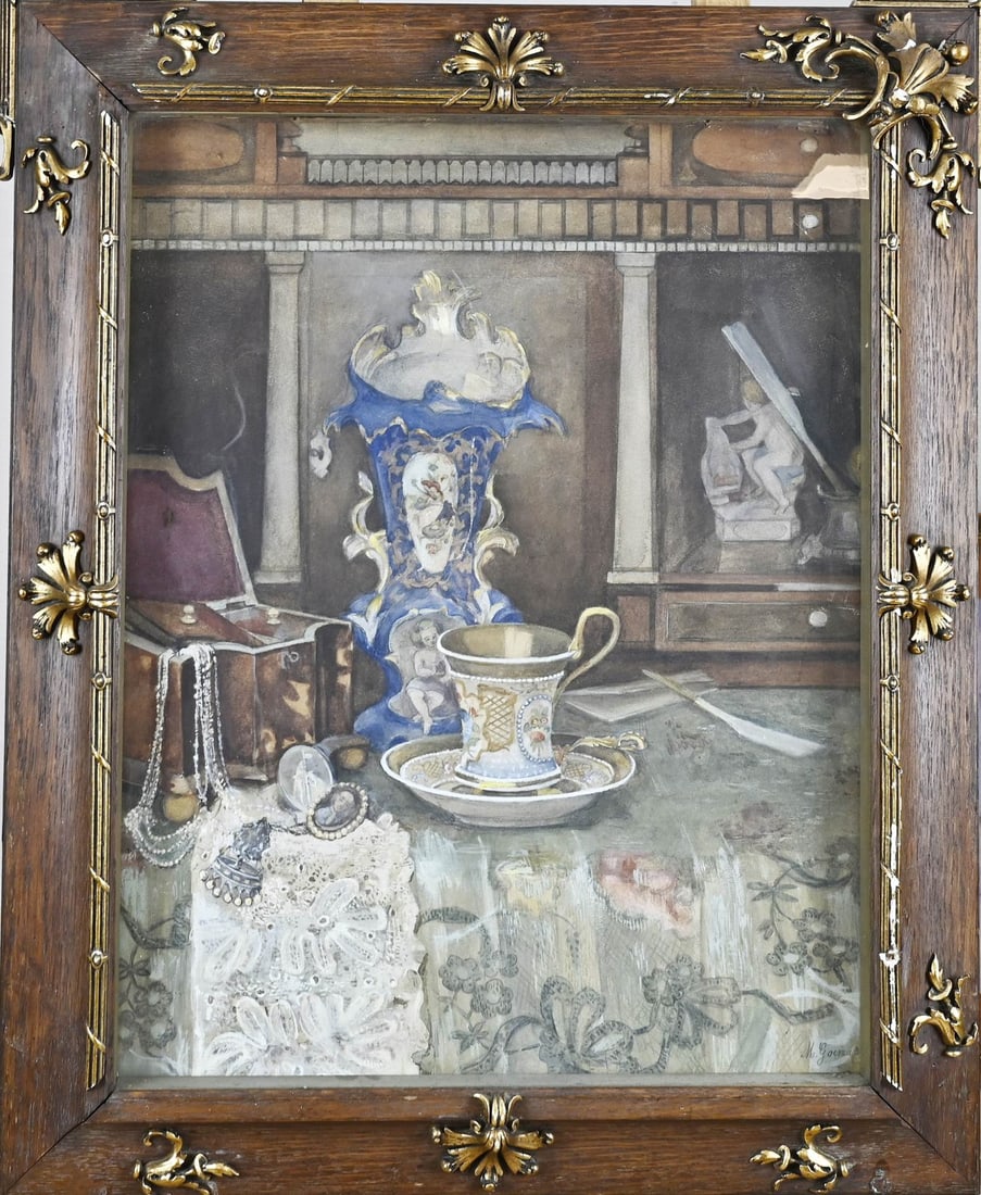 MJ Goemans, Still Life: MJ Goemans. 1877 - 1936. Still life with tortoiseshell tea box and French porcelain. Gouache. One scratch near vase. Dimensions: H 66 x W 51 cm. In fair/good condition.