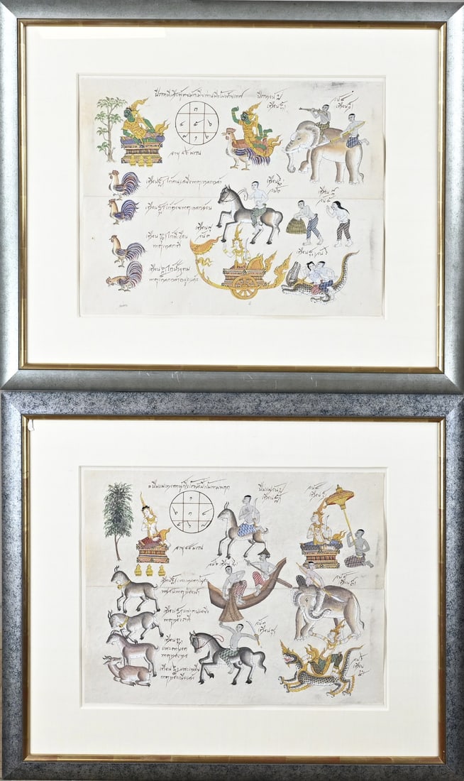 2x Antique Oriental work: Two antique Oriental gouaches, Nepal, India, Tibet. Buddhist scene, with texts and animals. 19th century. Gouaches on paper. Dimensions: H 33 x 43 cm. In good condition.