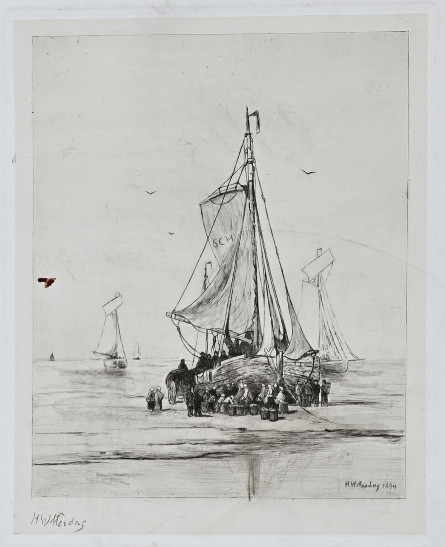 HW Mesdag, Scheveningen fishing boat on the beach: Etching by HW Mesdag, 1894. 1831–1915. Scheveningen fishing boat on the beach with fishermen. Etching on paper. Dimensions: H 39 x W 30 cm. In good condition.