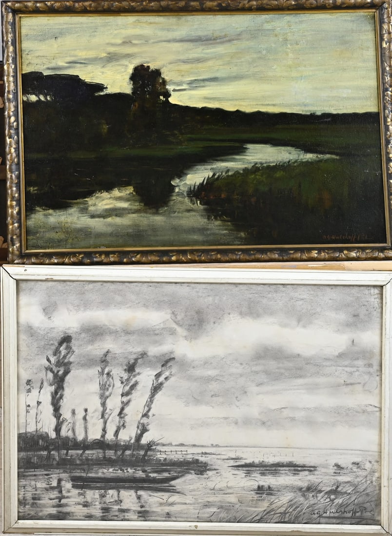 2x AG Hulshoff Pol, Evening Mood + Lake View Loosdrecht: 2x AG Hulshoff Pol. 1883 - 1957. 1x Evening Mood, oil on canvas. 1x Lake View Loosdrecht, charcoal on paper. Dimensions: 50 x 70 cm. In good condition.