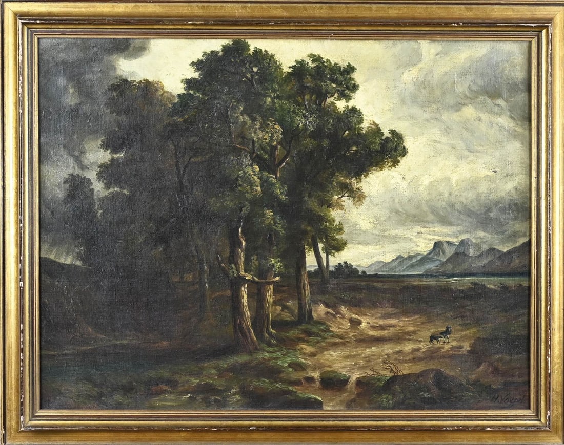 H. Vogel, Landscape, Figure and Dog: H. Vogel. Circa 1900. Landscape with figure and dog. Oil on canvas. Dimensions: H 60 x W 80 cm. In good condition.