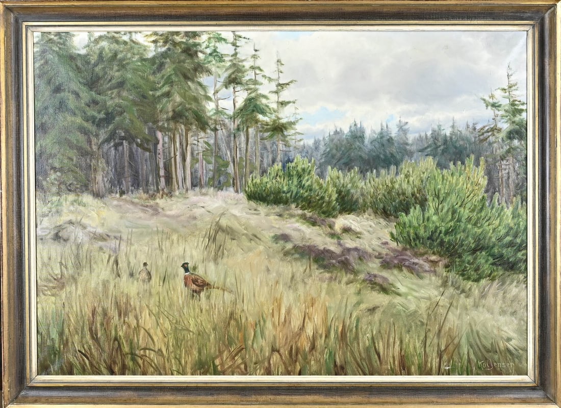 Kai Jensen, Landscape with pheasant: Kai Jensen. 1912 - 1994. Landscape with pheasant. Oil on canvas. Dimensions: H 100 x W 70 cm. In good condition.