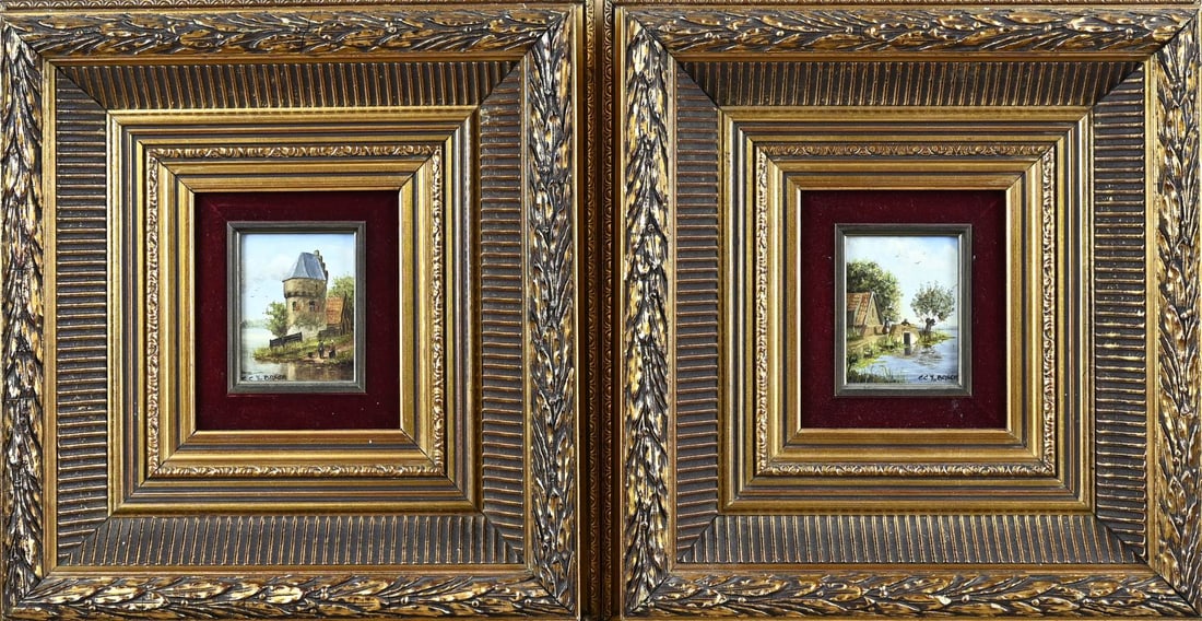 2x CC v/d Bosch, Dutch landscape: 2x CC v/d Bosch. Two miniature paintings of a Dutch landscape. Oil on panel. Dimensions: H 10 x W 8 cm. In good condition.