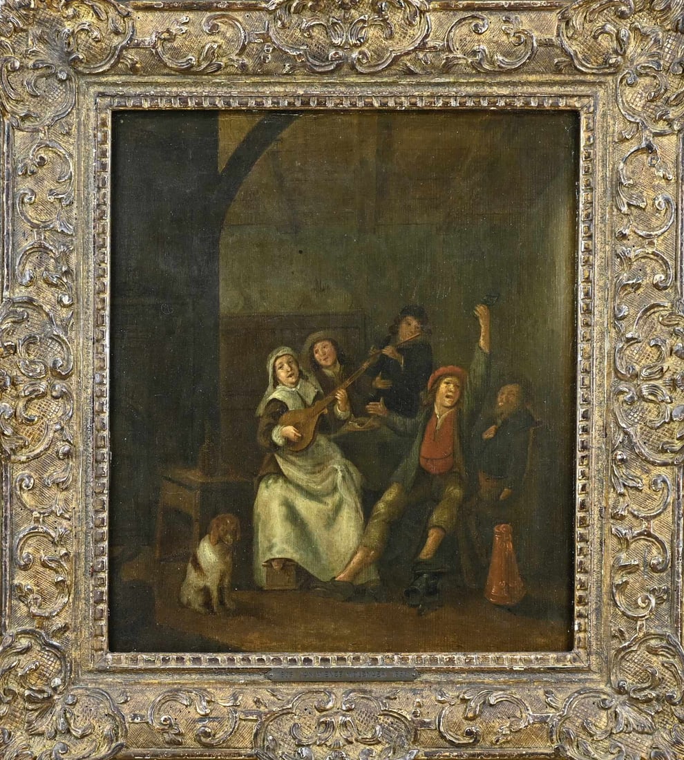 Unsigned, Figures in a Tavern: Unsigned? 17th - 18th Century. Figures in a tavern. Oil on panel. Older restoration. Dimensions: H 41 x W 36 cm. In good condition.