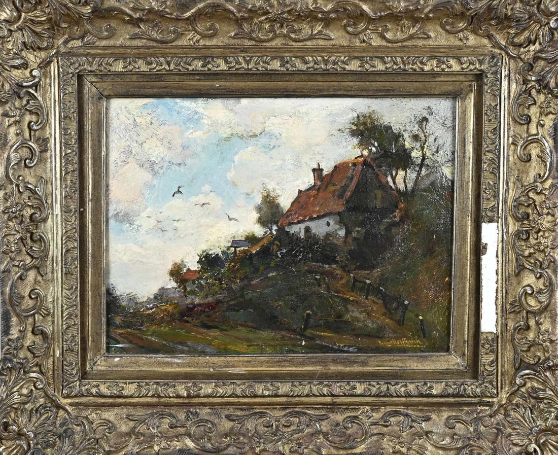 Franz Helfferich, Farmhouse on a Hill: Franz Helfferich. 1871 - 1941. Farmhouse on a hill. Oil on panel. Dimensions: H 30 x W 41 cm. In good condition.