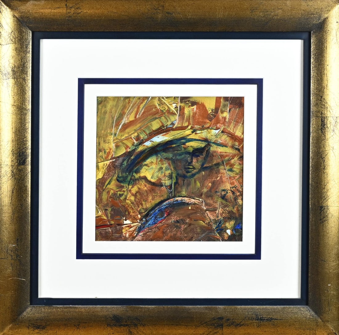 Lilian Luiten, Woman with a hat: Lilian Luiten. 1944 - 2012 Enschede. Woman with a hat. Acrylic on paper. Dimensions: H 24 x W 24 cm. In good condition.