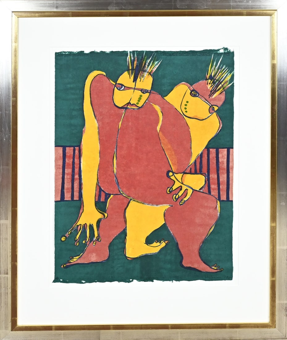 Alphons van Leeuwen, Two figures: Screen print. Alphons van Leeuwen. 1936 - . Fantasy scene with 2 figures. Lithograph on paper 70x50 cm cond G.