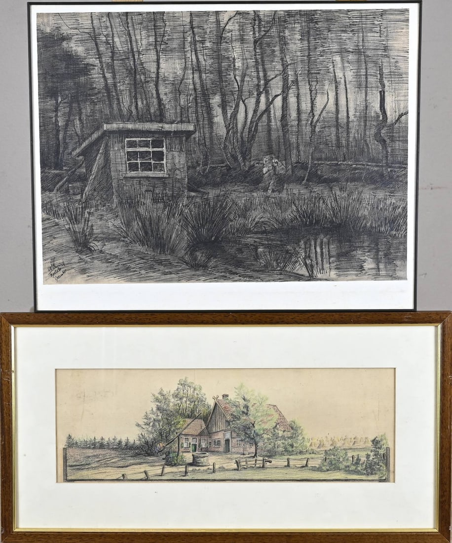 2x Twente artwork, Wooden barn + Farmhouse: Two artworks from Twente. 1x H. van der Worp '34. 1849 - 1941. Wooden barn Bentelo. Black ink. 1x Gerard van Haaften, circa 1935. Farmhouse. Pastel. Dimensions: 45 - 48 cm. In good condition.
