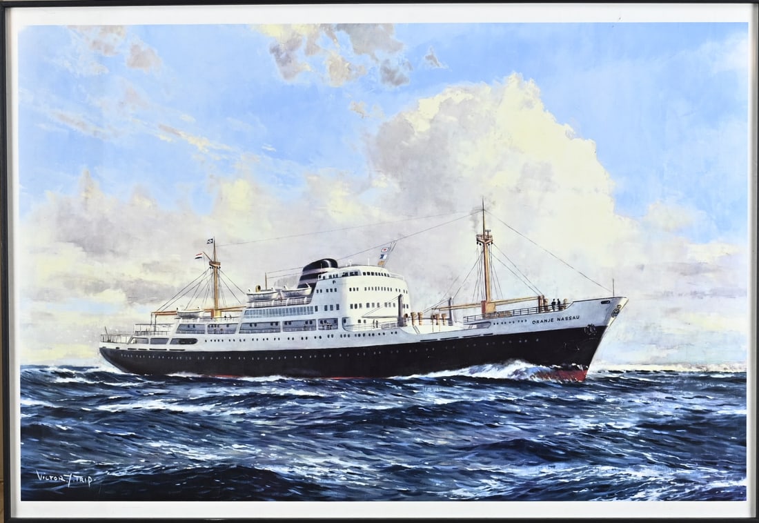 Victor Trip, Dutch ship Oranje Nassau: Victor Trip. 1913 - 1975. Dutch ship Oranje Nassau. Poster on paper. Dimensions: H 60 x W 88 cm. In reasonable condition.