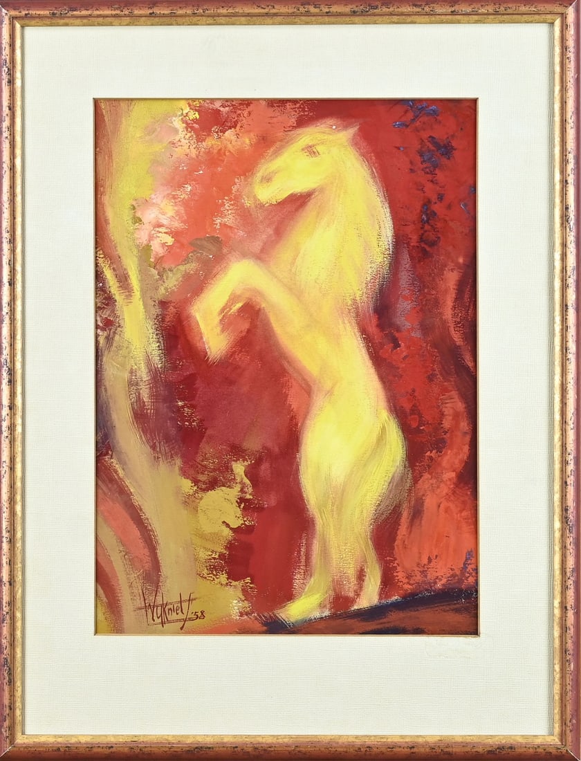 AW Wijkniet, Rearing horse: AW Wijkniet, 1958. 1894 - 1973. Rearing horse. Gouache on paper. Dimensions: H 38 x W 27 cm. In good condition.