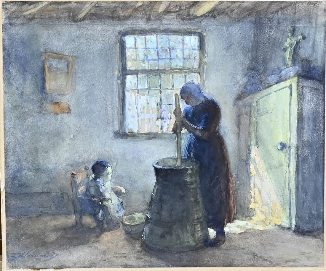 BJ Blommers, Rustic interior: Bernardus J. Blommers. 1845 - 1914. Peasant interior with a farmer's wife churning butter + child on a chair. Gouache on paper. Dimensions: H 26 x W 31 cm. In good condition.