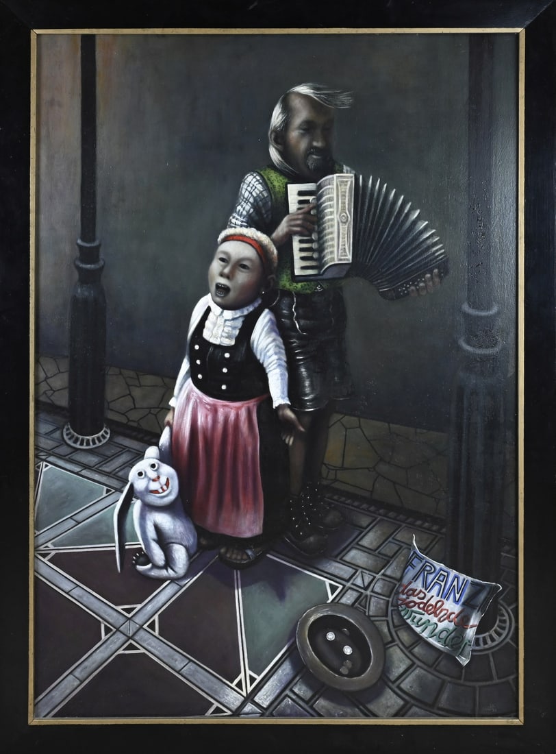 Axel Gundrum, Franzi das Yodelling wunder: Axel Gundrum. 1953 - . German School. Title: Franzi das Jodelende wunder. Oil on panel. Dimensions: H 130 x W 90 cm. In good condition.