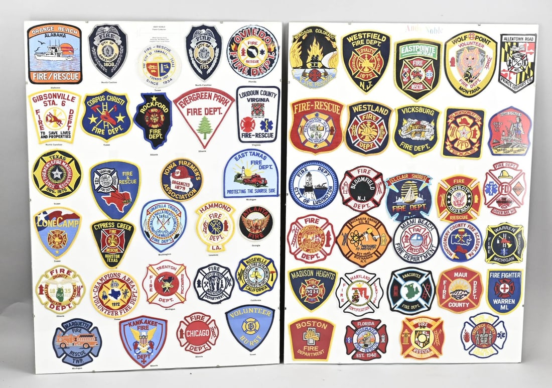 2 plates with USA Fire Department patches.: 2 framed plates with a total of 57 Fire Department patches, most of them from the USA, in good condition.