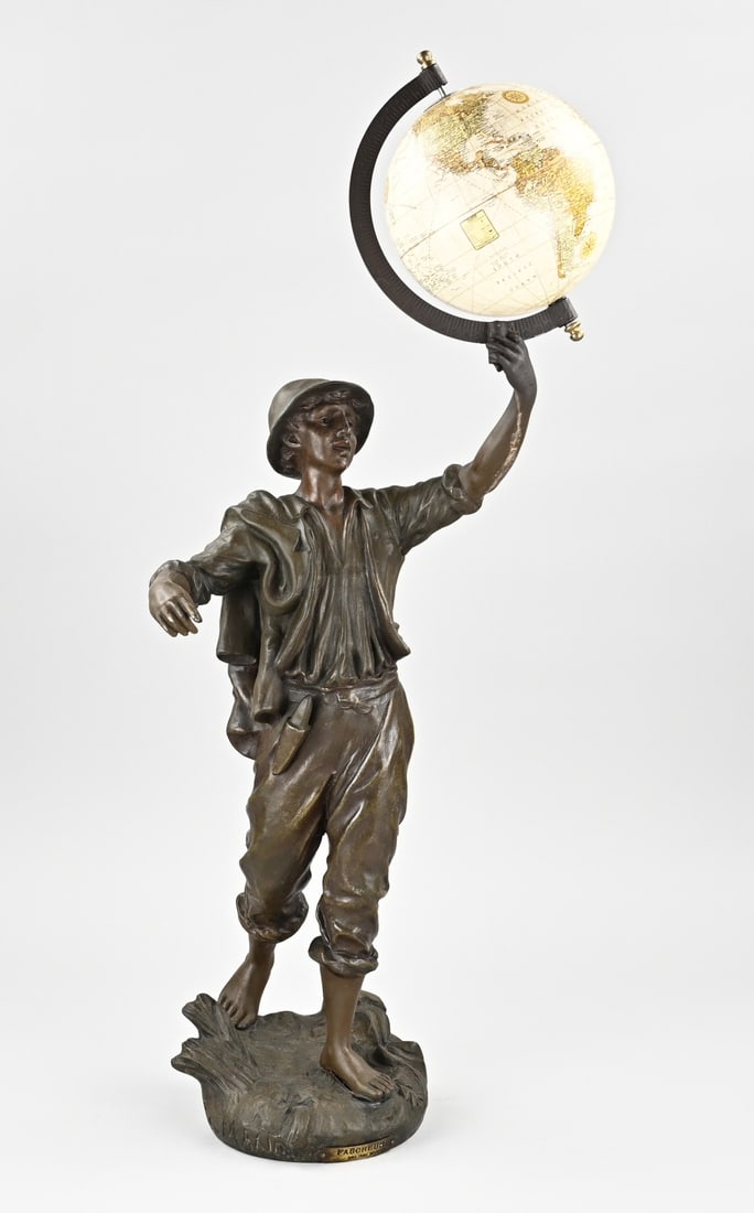 Statue with globe: Antique, French, composition metal figure with globe. Faucheur par geo Maxim. Circa 1900. Dimensions: H 68 cm. In good condition.